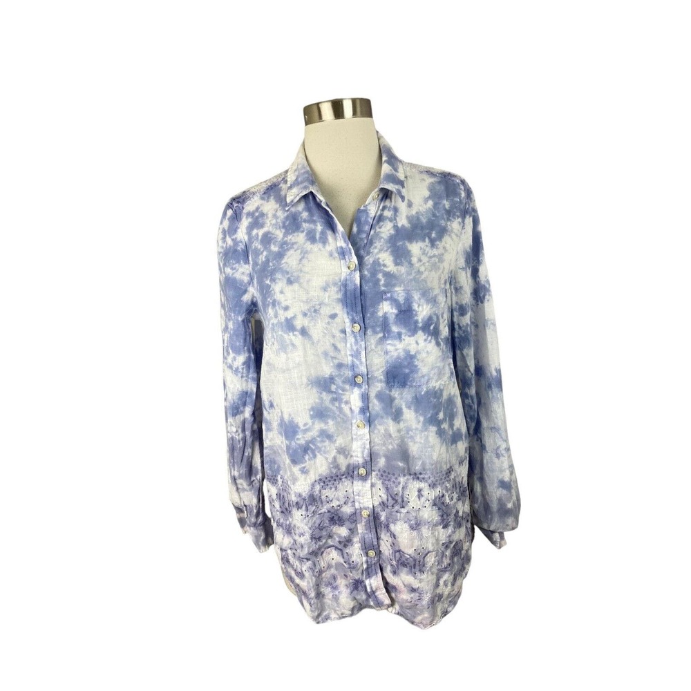Pilcro Blue Tie Dye Cate Button Front Eyelet Shirt Long Sleeve Size Small